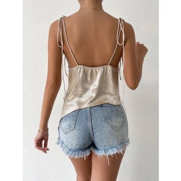 Champagne Color Glamorous Cowl Neck Ties Straps Camisole Top Satin - Picture 3 of 10